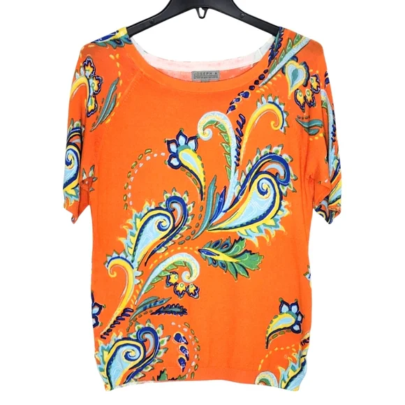 Joseph A Sweater Women Size M Orange Multicolor Paisley Short Sleeves - Picture 1 of 5